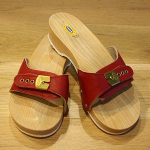 Vtg Dr Scholl's Red Leather Wood Original Italy 9